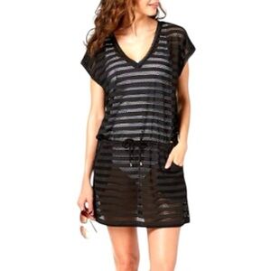 Calvin Klein Women Swimsuit Cover Up Open Knit Stripes Tunic Black Size Small
